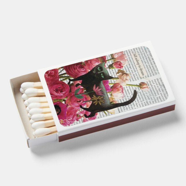 Fall Asleep to Dream Black Cat Hot Pink Flowers Matchboxes (Front Open)