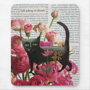 Fall Asleep to Dream Black Cat Hot Pink Flowers Mouse Pad