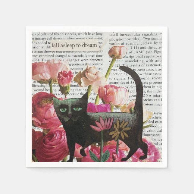 Fall Asleep to Dream Black Cat Hot Pink Flowers Napkins (Front)