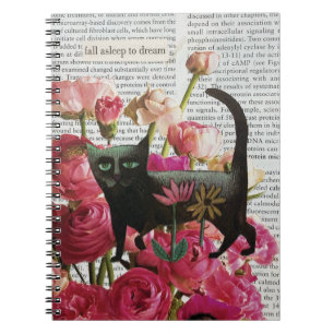 Fall Asleep to Dream Black Cat Hot Pink Flowers Notebook
