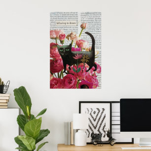 Fall Asleep to Dream Black Cat Hot Pink Flowers Poster