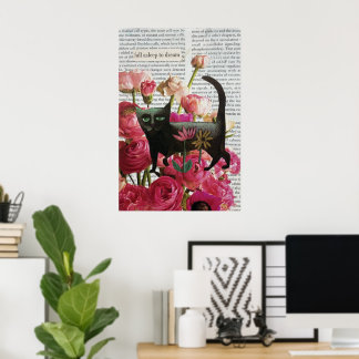 Fall Asleep to Dream Black Cat Hot Pink Flowers Poster