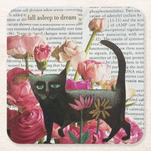 Fall Asleep to Dream Black Cat Hot Pink Flowers Square Paper Coaster