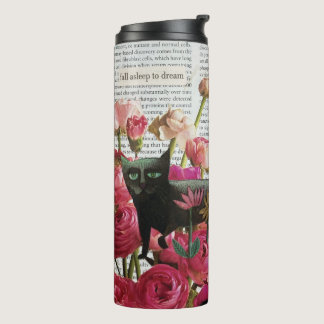 Fall Asleep to Dream Black Cat Hot Pink Flowers Thermal Tumbler