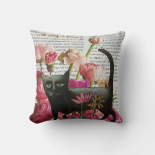 Fall Asleep to Dream Black Cat Hot Pink Flowers Throw Pillow