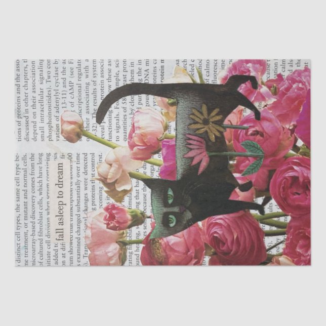 Fall Asleep to Dream Black Cat Hot Pink Flowers Tissue Paper (Front)