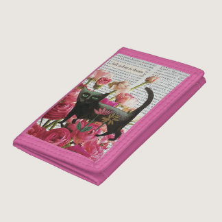 Fall Asleep to Dream Black Cat Hot Pink Flowers Trifold Wallet