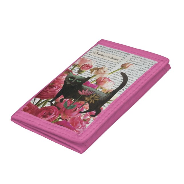 Fall Asleep to Dream Black Cat Hot Pink Flowers Trifold Wallet (Bottom)