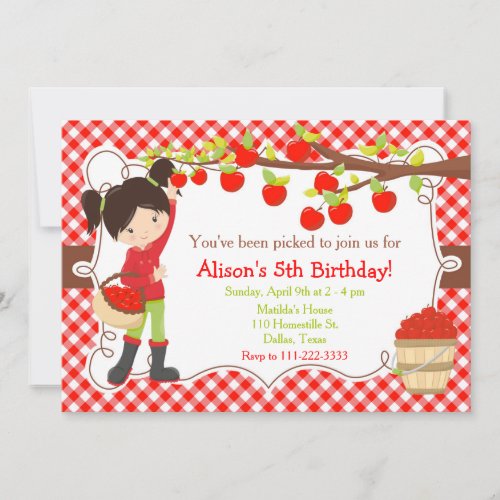 Fall Autumn Apple Picking Black Hair Birthday Invitation