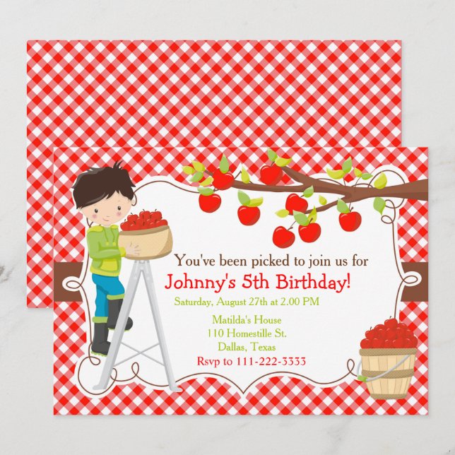 Fall Autumn Apple Picking Black Hair Birthday Invitation (Front/Back)