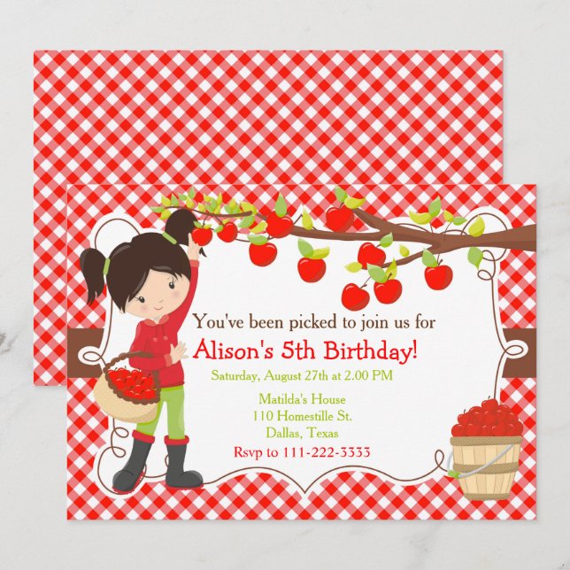 Fall Autumn Apple Picking Black Hair Birthday Invitation (Front/Back)