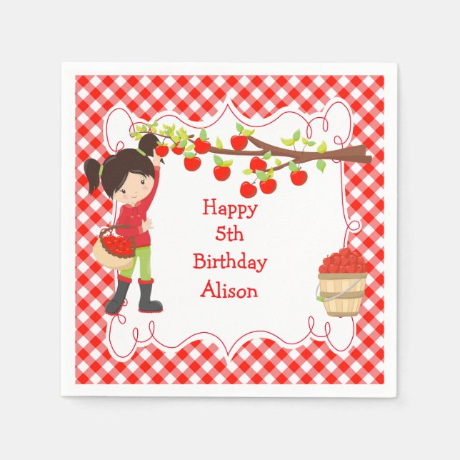 Fall Autumn Apple Picking Black Hair Birthday Napkins (Front)