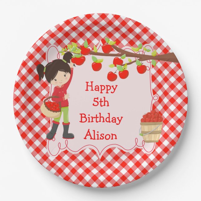 Fall Autumn Apple Picking Black Hair Birthday Paper Plates (Front)