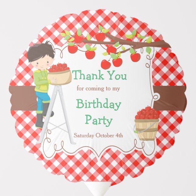 Fall Autumn Apple Picking Black Hair Boy Birthday Balloon (Front)