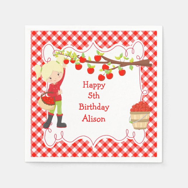 Fall Autumn Apple Picking Blonde Birthday Party Napkins (Front)