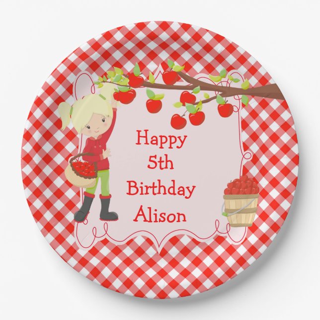 Fall Autumn Apple Picking Blonde Birthday Party Paper Plates (Front)