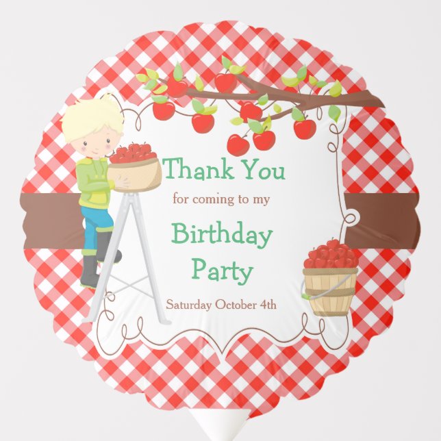 Fall Autumn Apple Picking Blonde Boy Birthday Balloon (Front)