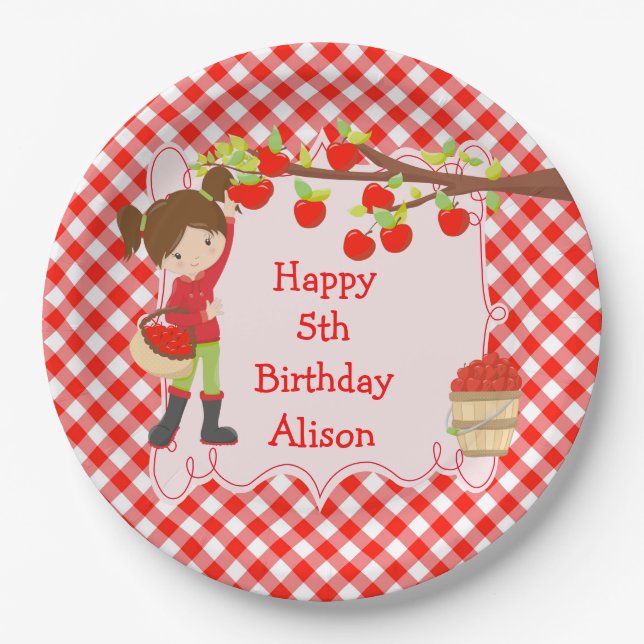 Fall Autumn Apple Picking Brunette Birthday Party Paper Plates (Front)