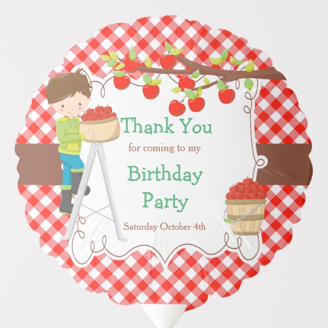 Fall Autumn Apple Picking Brunette Boy Birthday Balloon (Front)