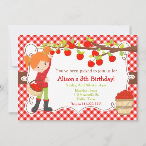 Fall Autumn Apple Picking Red Hair Birthday Invitation