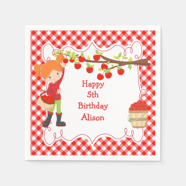 Fall Autumn Apple Picking Red Hair Birthday Napkins (Front)