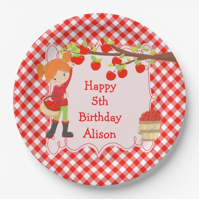 Fall Autumn Apple Picking Red Hair Birthday Paper Plates (Front)