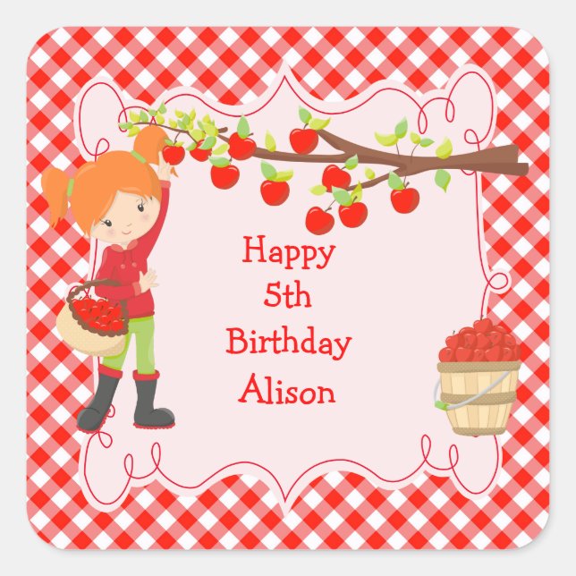 Fall Autumn Apple Picking Red Hair Birthday Square Sticker (Front)
