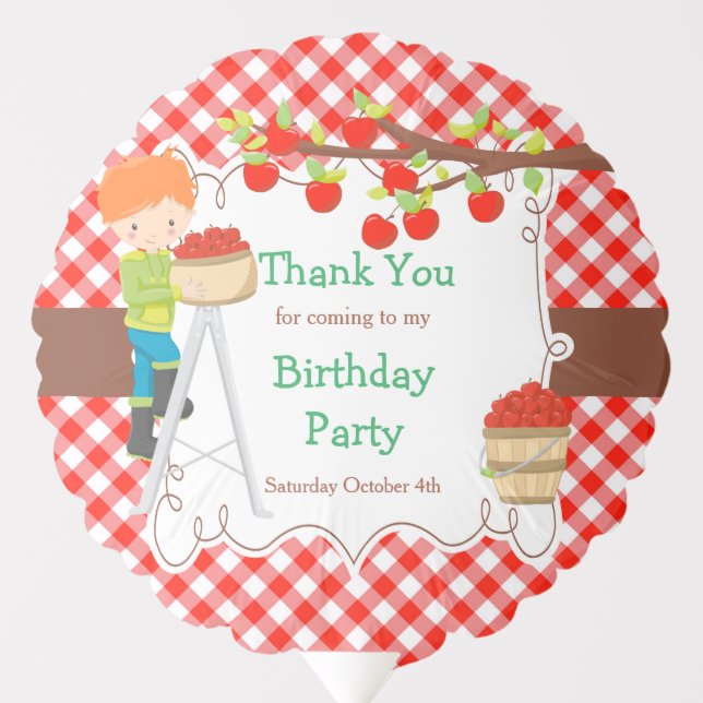 Fall Autumn Apple Picking Red Hair Boy Birthday Balloon (Front)