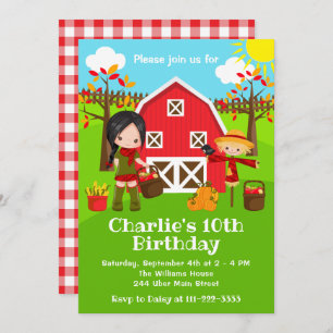 Fall Autumn Barnyard Birthday Black Hair Girl Invitation