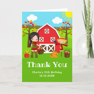 Fall Autumn Barnyard Birthday Black Hair Girl Letterpress Thank You Card