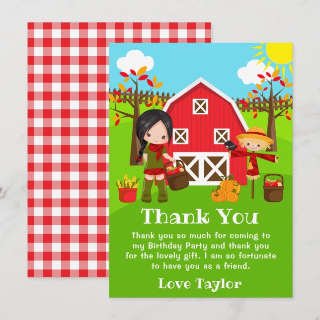 Fall Autumn Barnyard Birthday Black Hair Girl Thank You Card (Front/Back)