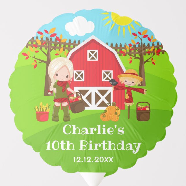 Fall Autumn Barnyard Birthday Blonde Hair Girl Balloon (Front)