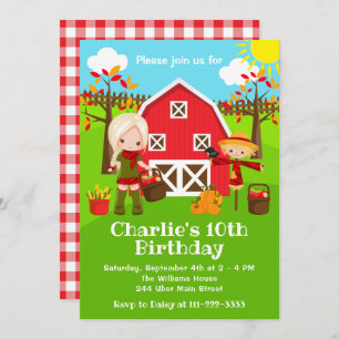 Fall Autumn Barnyard Birthday Blonde Hair Girl Invitation