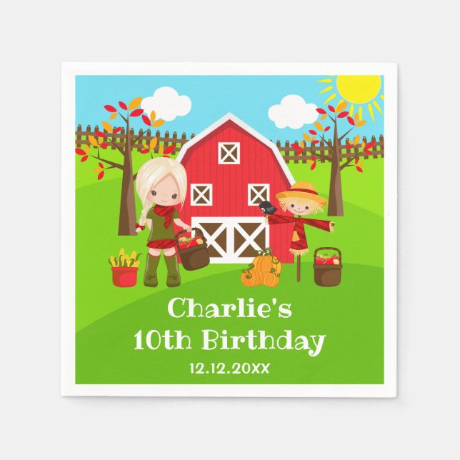 Fall Autumn Barnyard Birthday Blonde Hair Girl Napkins (Front)