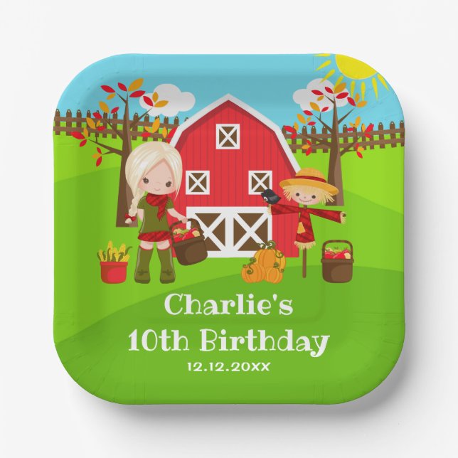 Fall Autumn Barnyard Birthday Blonde Hair Girl Paper Plates (Front)