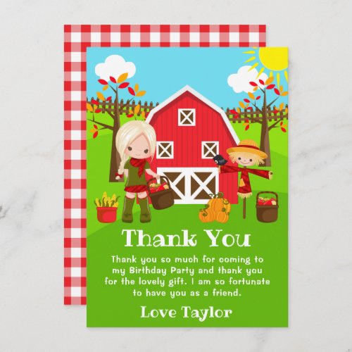 Fall Autumn Barnyard Birthday Blonde Hair Girl Thank You Card