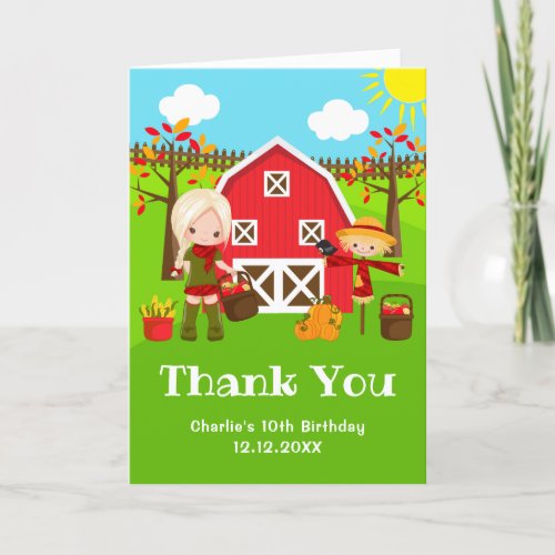 Fall Autumn Barnyard Birthday Blonde Hair Girl Thank You Card