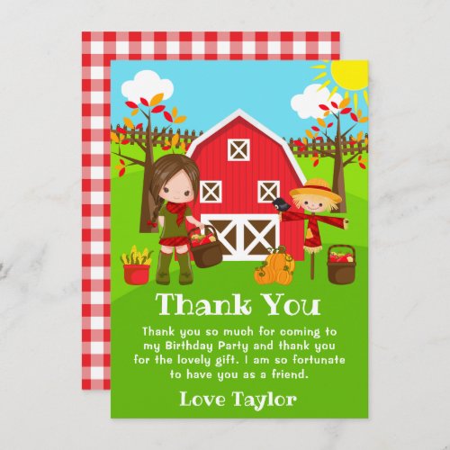 Fall Autumn Barnyard Birthday Brown Hair Girl Thank You Card