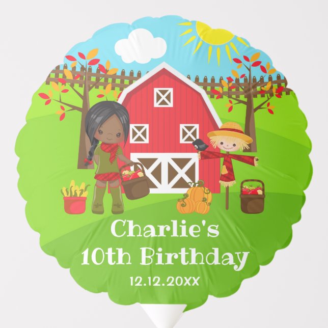 Fall Autumn Barnyard Birthday Dark Skin Girl Balloon (Front)