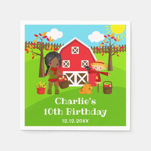 Fall Autumn Barnyard Birthday Dark Skin Girl Napkins (Front)