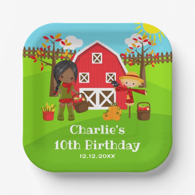 Fall Autumn Barnyard Birthday Dark Skin Girl Paper Plates (Front)