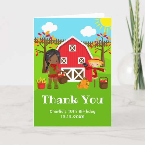 Fall Autumn Barnyard Birthday Dark Skin Girl Thank You Card