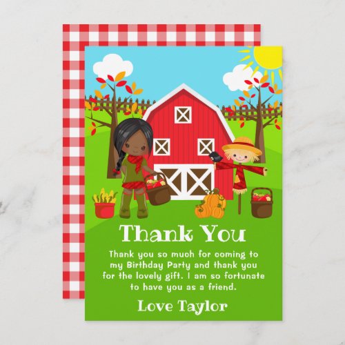 Fall Autumn Barnyard Birthday Dark Skin Girl Thank You Card