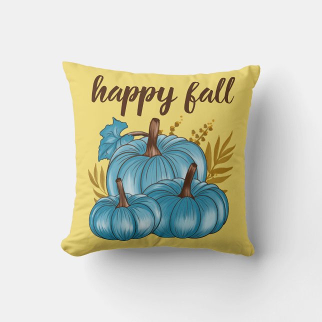 Fall Autumn Blue Pumpkins Gold  Throw Pillow (Front)