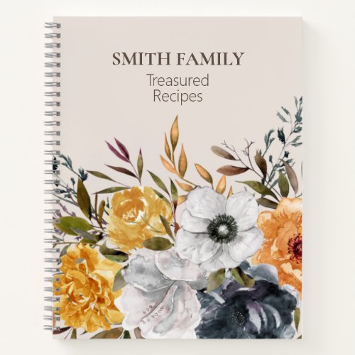 Fall Autumn Blue Yellow Floral Family Recipe Notebook