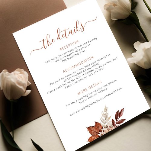 Fall autumn boho leaves wedding details  enclosure card
