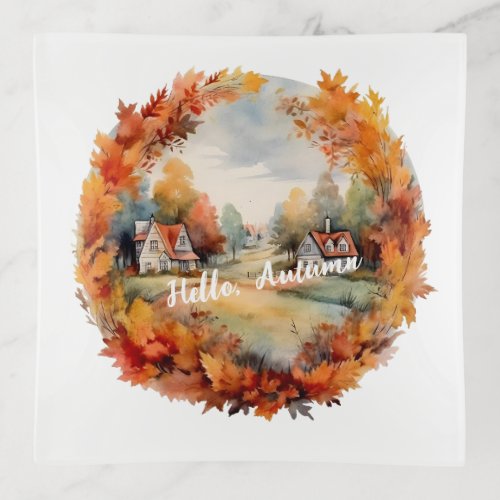 Fall Autumn Boho Watercolor Pumpkin Cottage  Trinket Tray