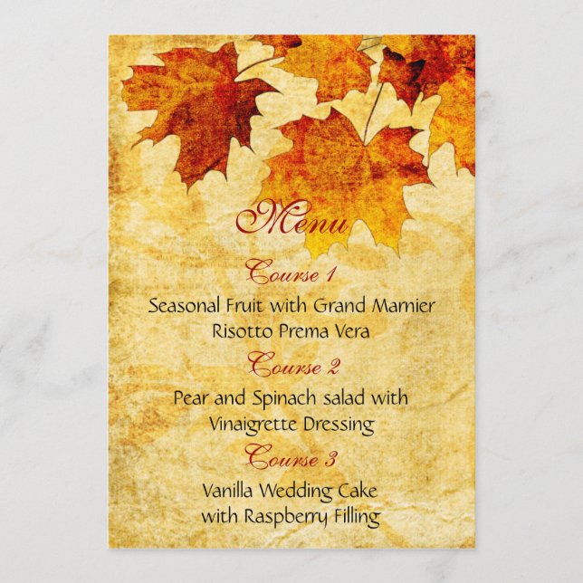 fall autumn brown leaves  wedding menu (Front)