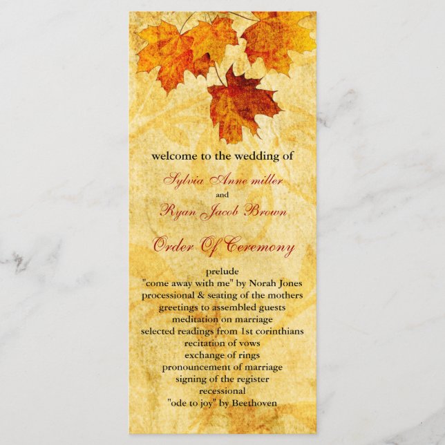 fall autumn brown leaves  wedding program (Front)