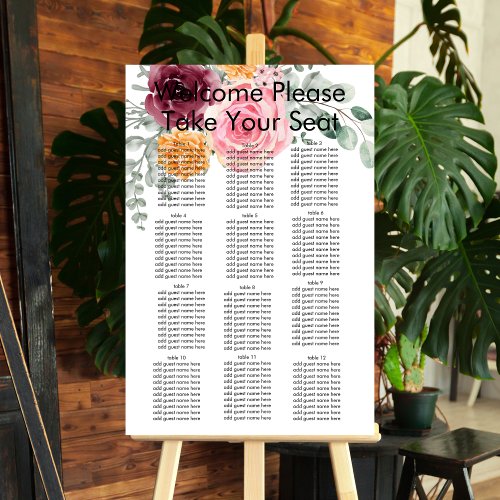 Fall Autumn Burgundy Blush Pink Seating Chart Foam Board